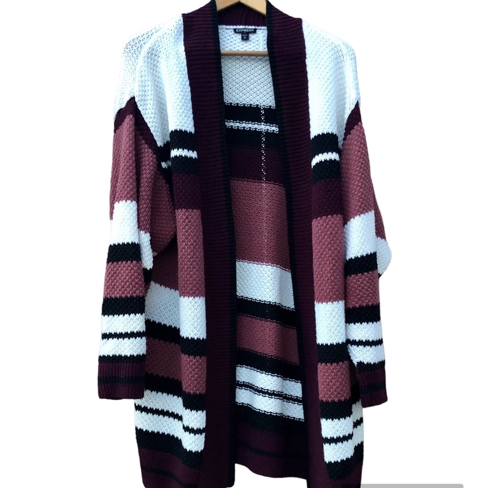 Express Sweater Gray Chunky Knit Cardigan Open Front Striped Sz. Medium